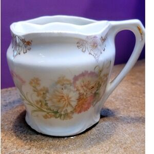 Antique Floral Porcelain Shaving Scuttle Mug White Pink Carnations Gold Gilt 3in